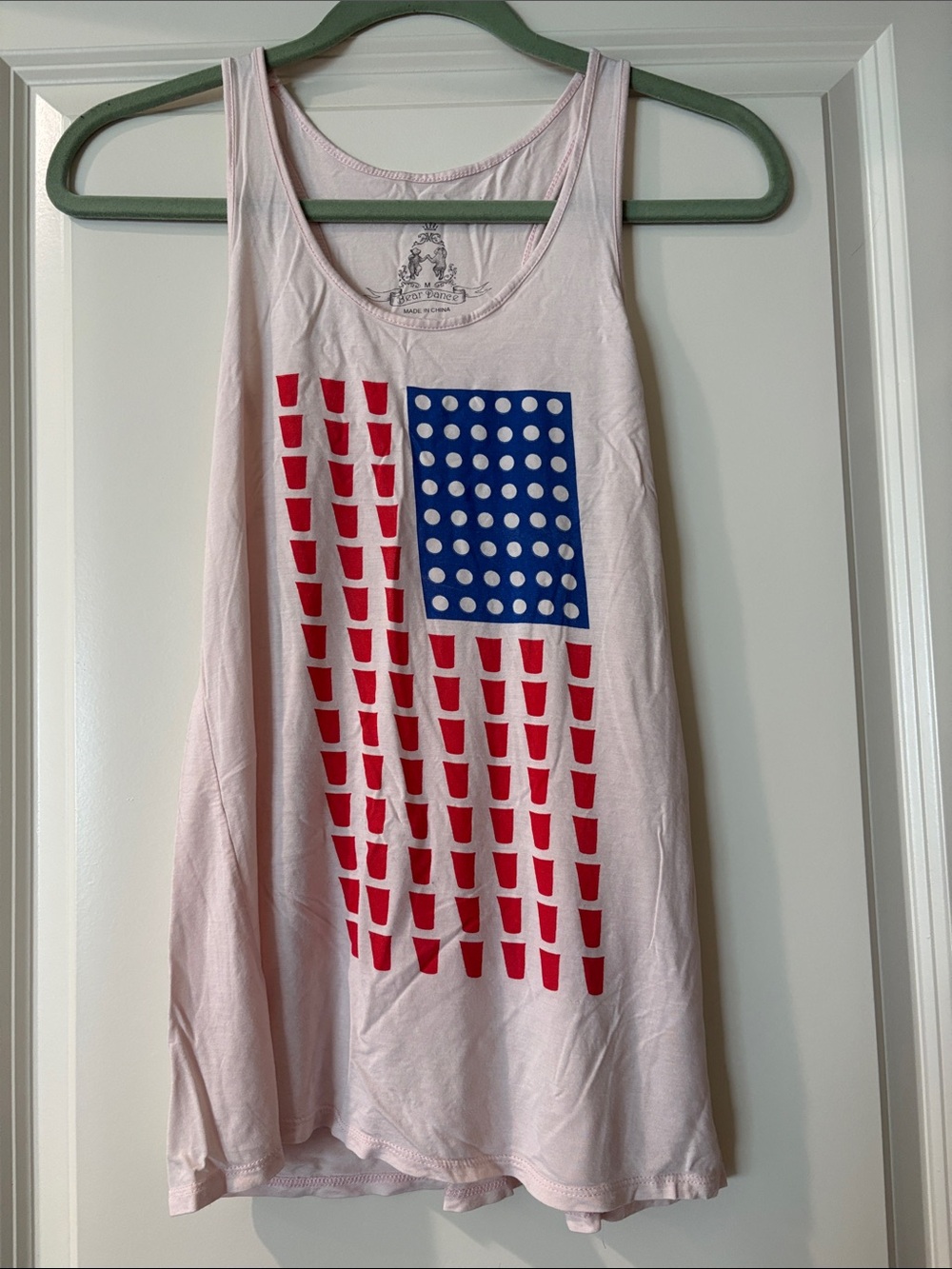 Pink Graphic Tank Top with Red, White & Blue “Beer Pong” Flag Print